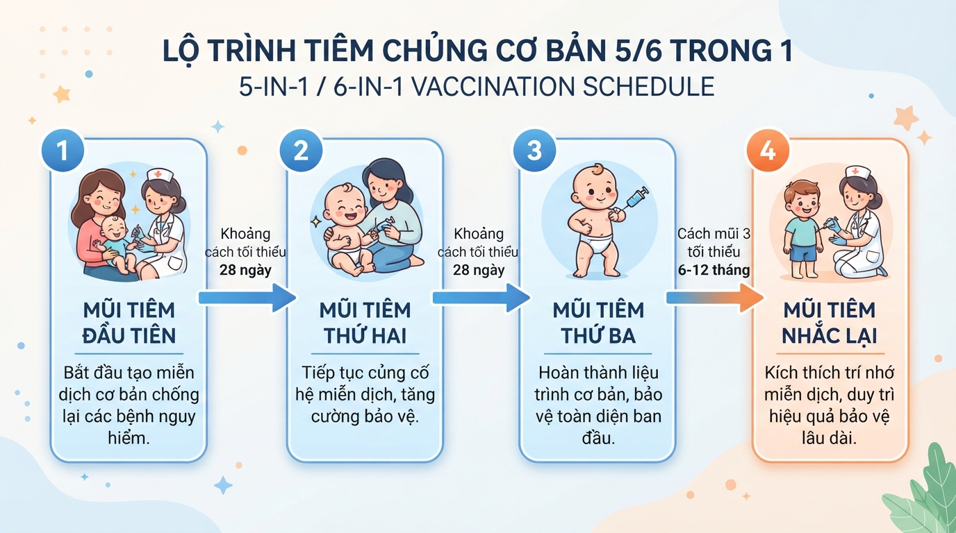 Lộ trình tiêm chủng 5 trong 1 hoặc 6 trong 1 tiêu chuẩn cho trẻ sơ sinh.