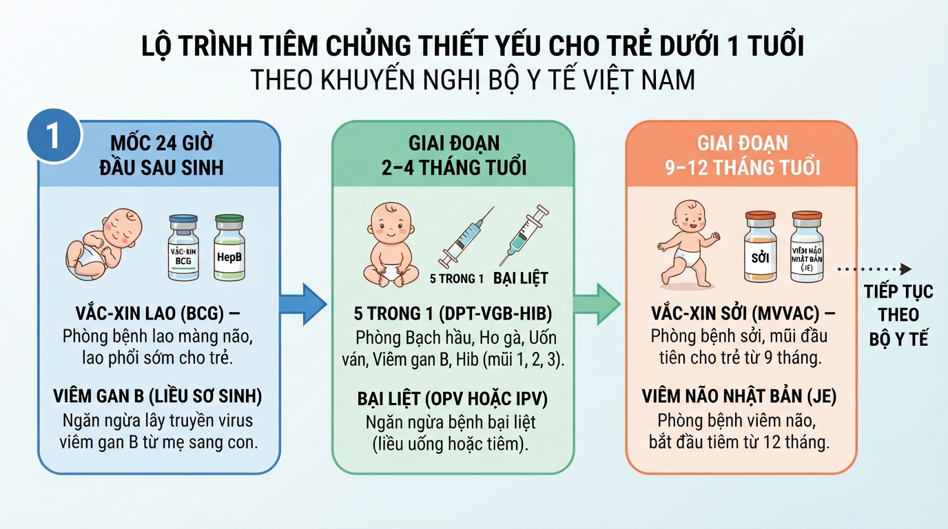 Lộ trình tiêm chủng thiết yếu cho trẻ từ sơ sinh đến 12 tháng tuổi theo khuyến nghị Bộ Y tế.