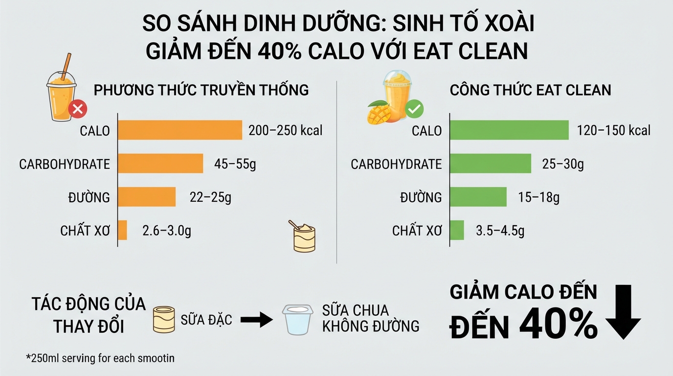 Lượng calo trong ly sinh tố xoài giảm đến 40% khi chuyển sang công thức Eat Clean.