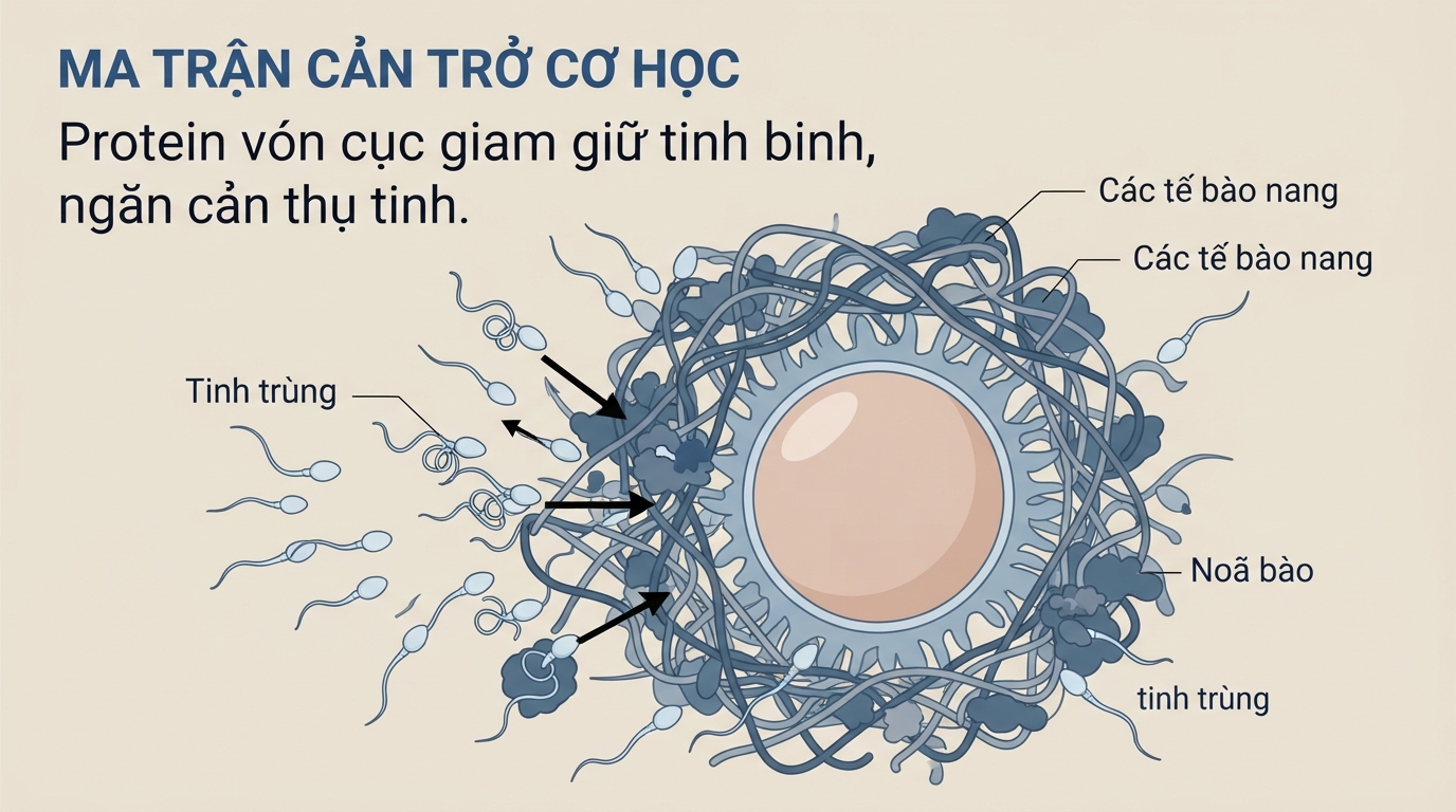 Ma trận protein đông quánh gây cản trở cơ học, khiến tinh trùng khó di chuyển đến trứng.