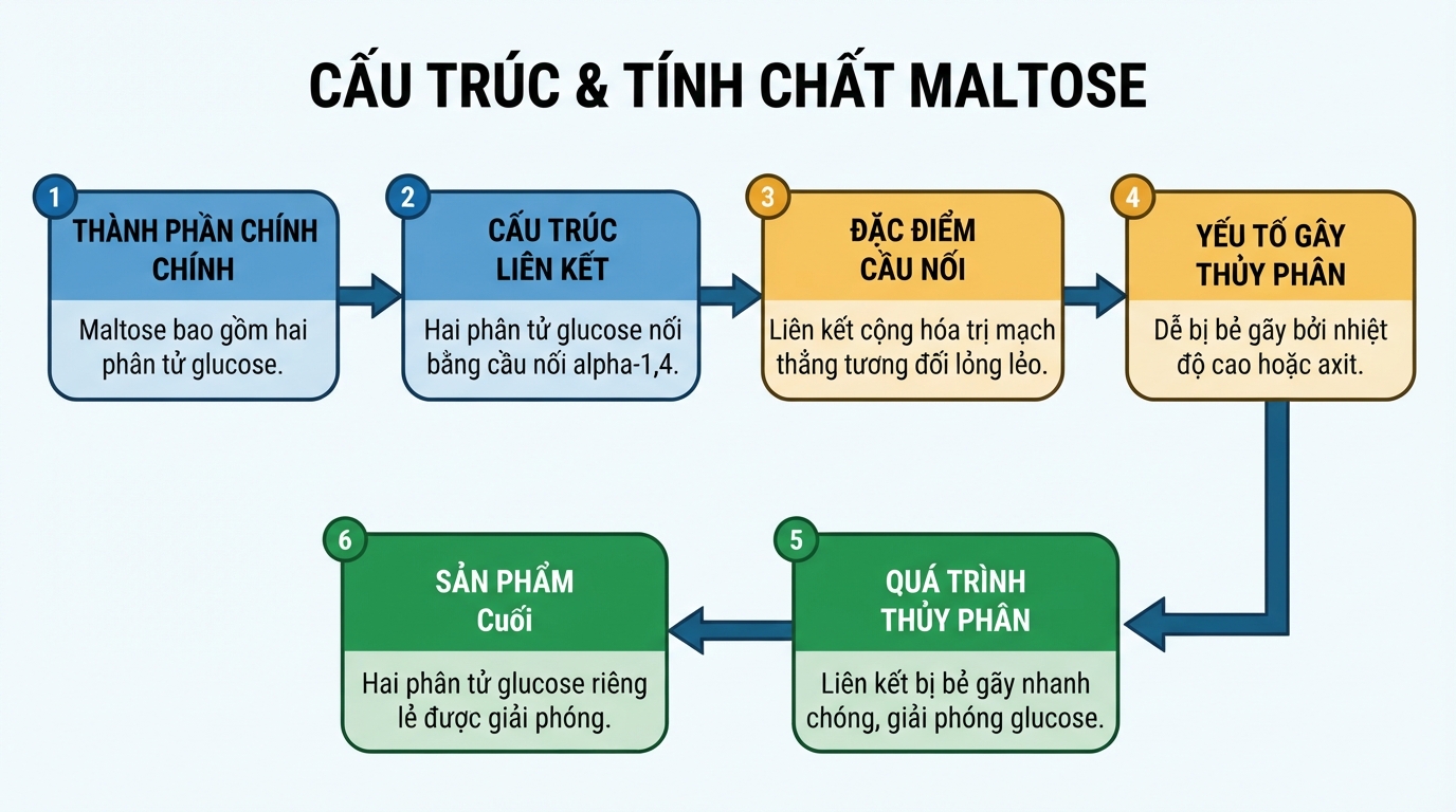 Maltose cấu tạo từ hai phân tử glucose, liên kết bằng cầu nối alpha-1,4-glycosidic dễ phân hủy.