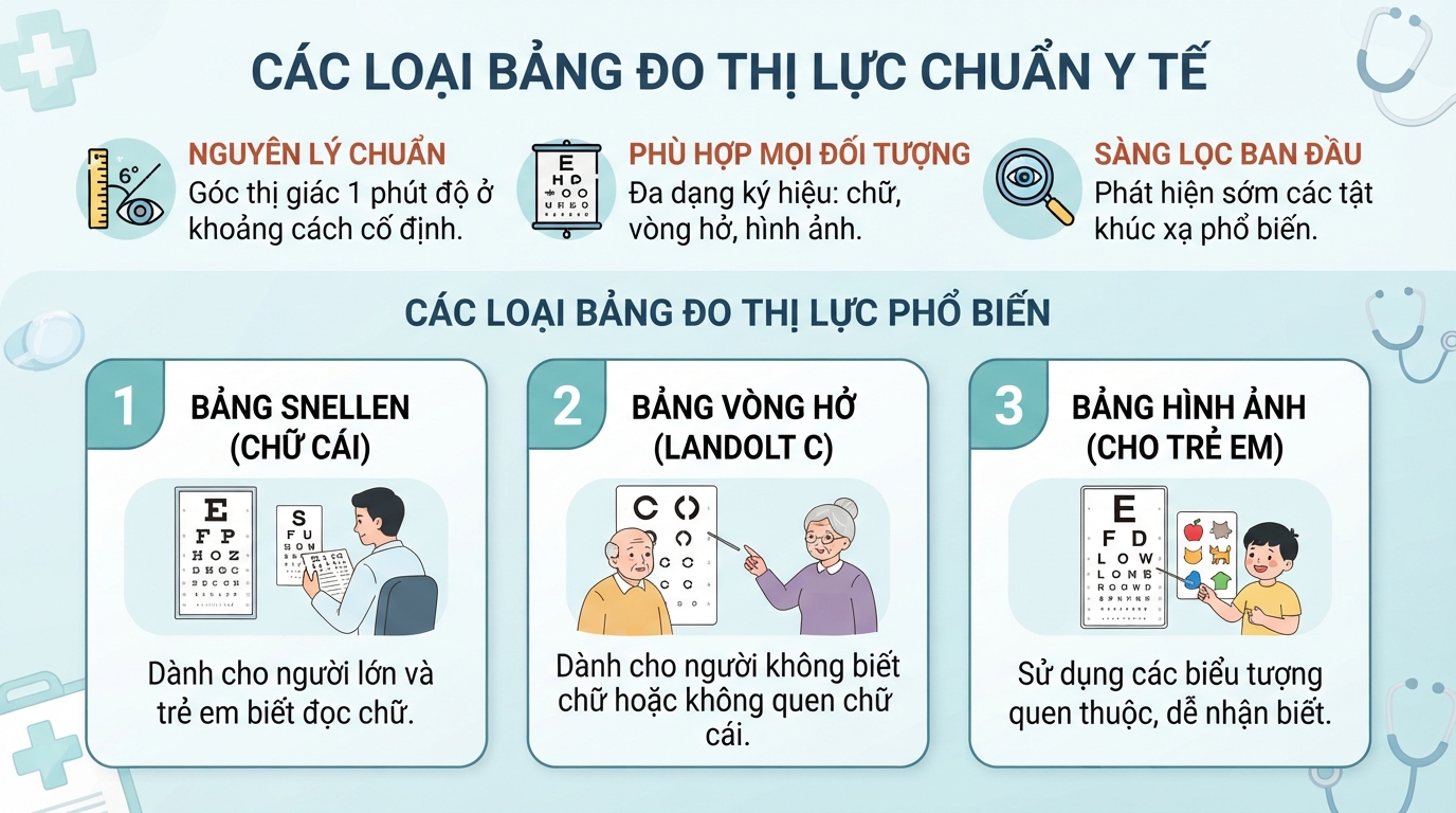 Mẫu bảng đo mắt chuẩn y tế giúp sàng lọc tật khúc xạ chính xác.