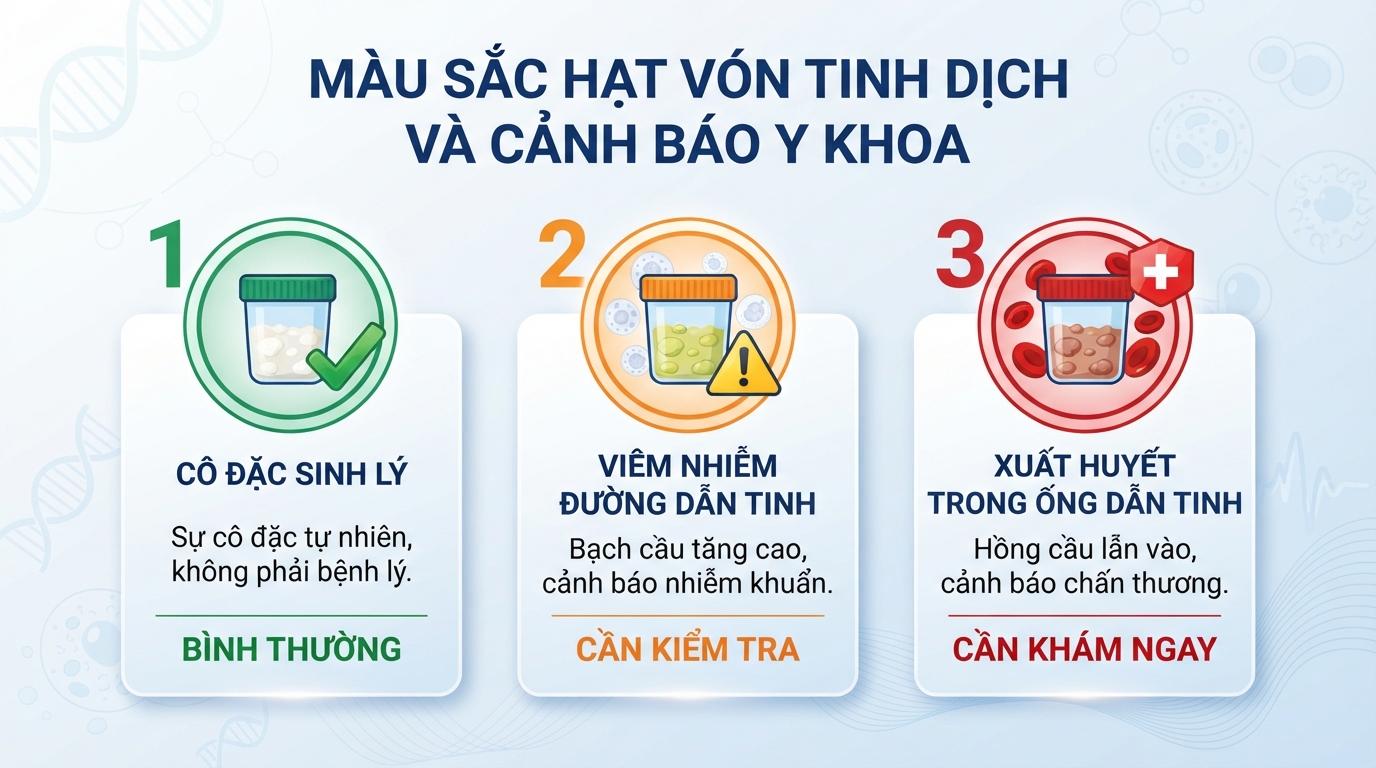 Màu sắc hạt vón phản ánh mức độ viêm hoặc xuất huyết trong ống dẫn tinh.
