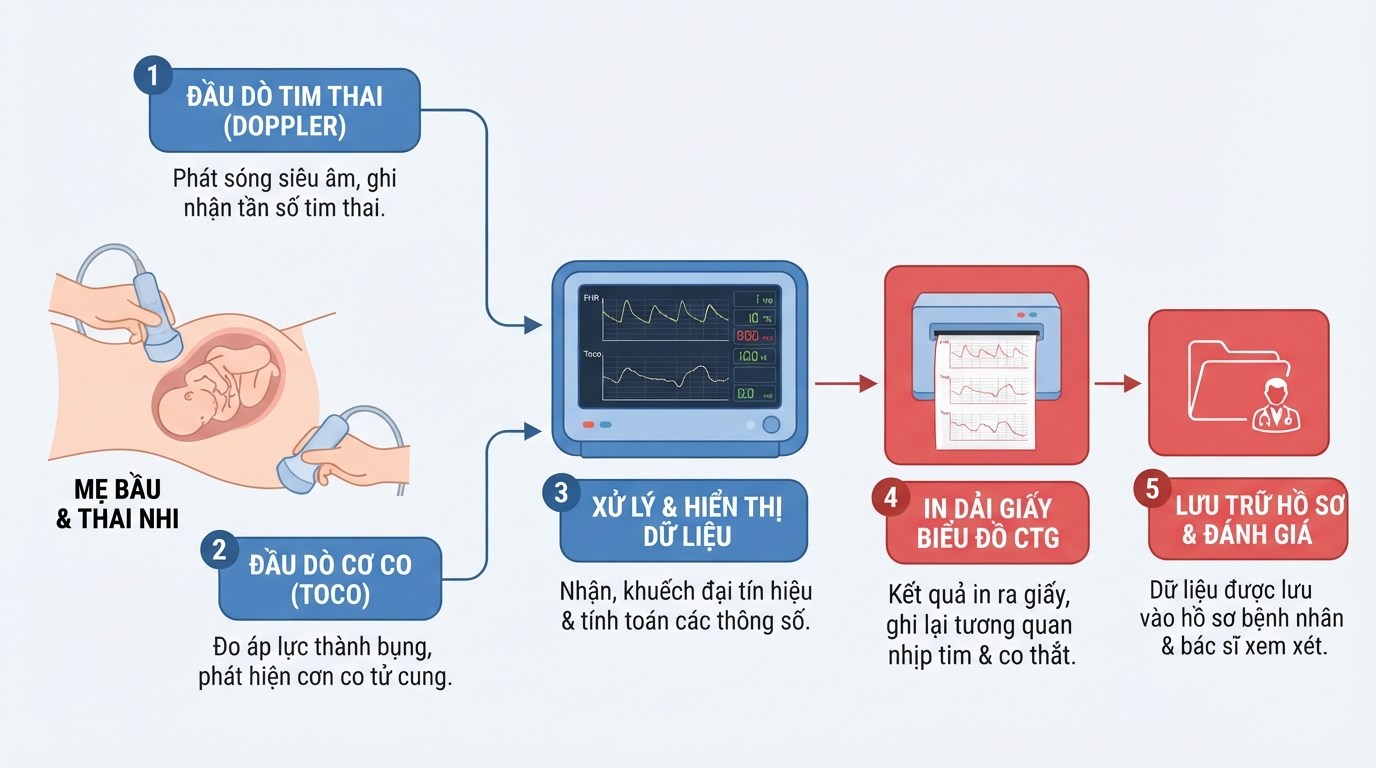 Máy monitor là gì giúp ghi lại tương quan giữa nhịp tim thai và cơn co tử cung mẹ bầu.