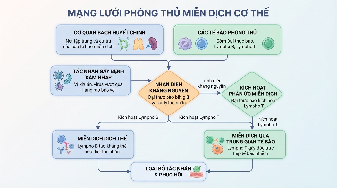 Miễn dịch là gì và mạng lưới tế bào phòng thủ bảo vệ cơ thể khỏi tác nhân gây bệnh.