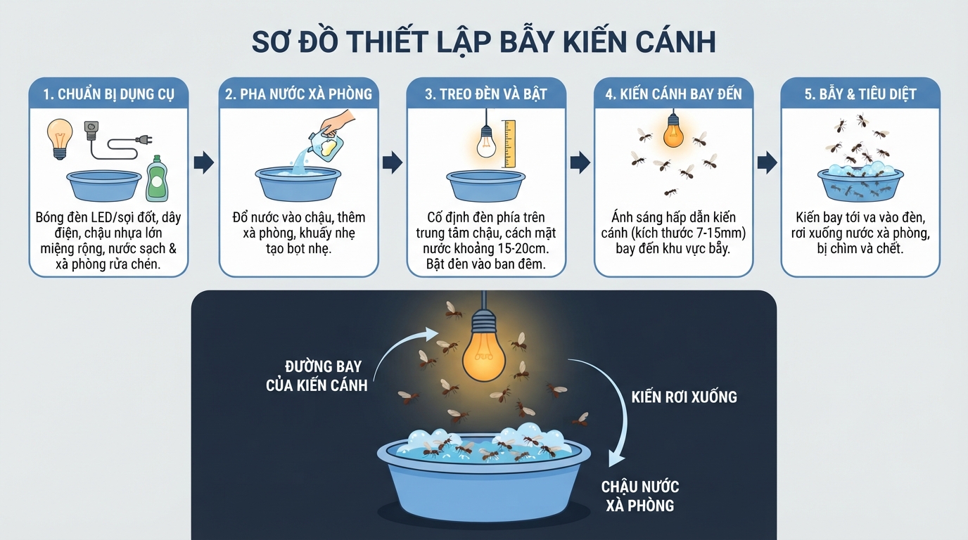 Mô hình bẫy kiến cánh hiệu quả bằng cách kết hợp ánh sáng và chậu nước xà phòng.