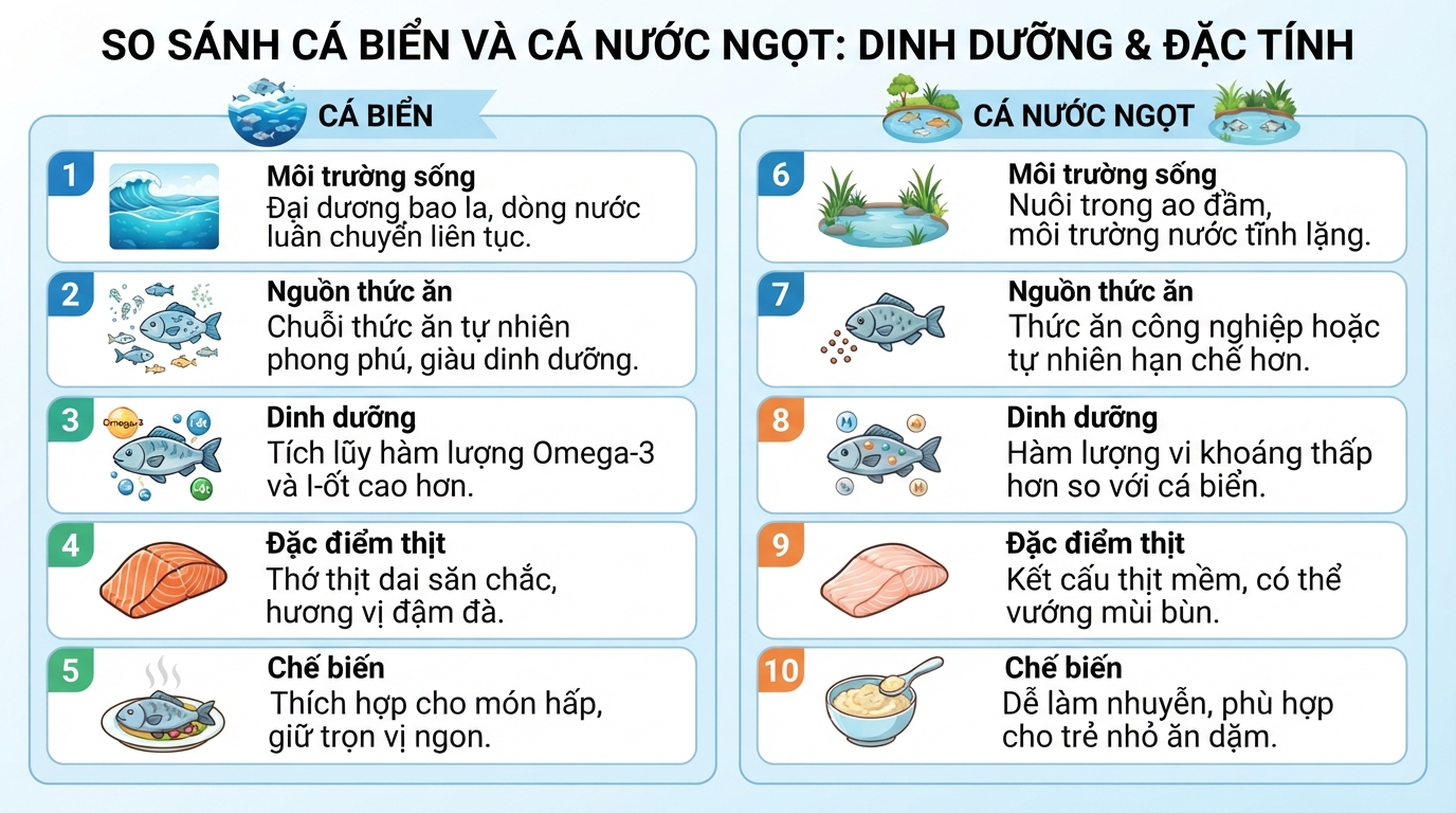 Môi trường sống đại dương giúp cá tích lũy lượng i-ốt cùng axit béo không bão hòa vượt trội.
