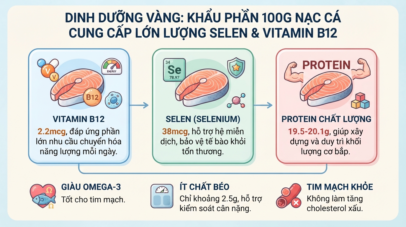 Một khẩu phần 100g đáp ứng phần lớn lượng vitamin B12 và selen khuyến nghị hàng ngày.