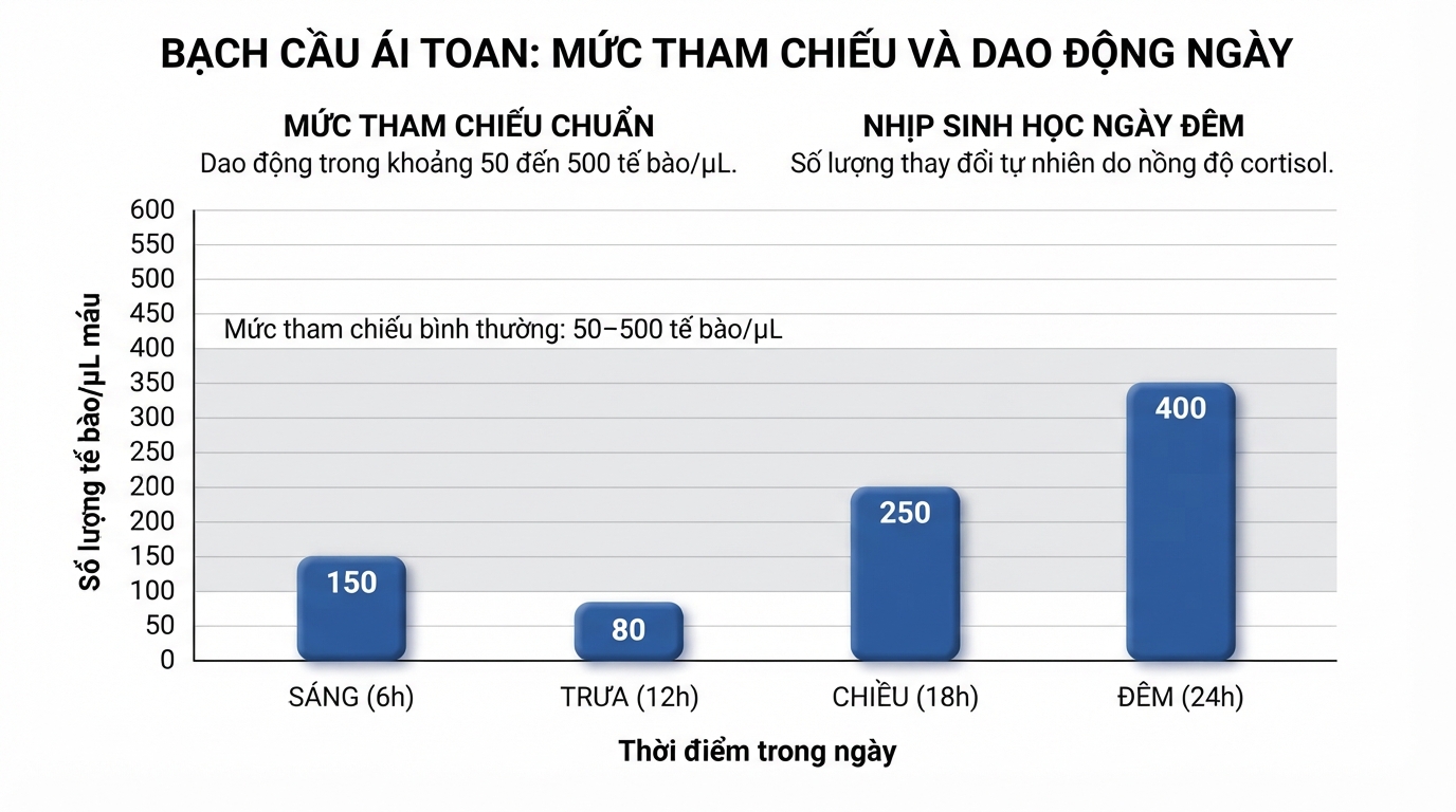 Mức tham chiếu bình thường cùng dao động sinh học theo ngày của bạch cầu ái toan.