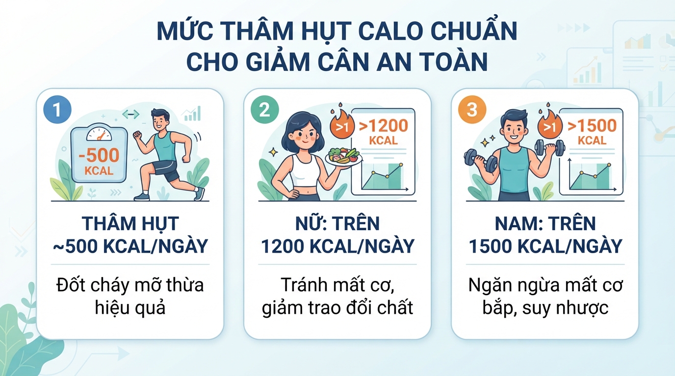 Mức thâm hụt calo chuẩn trong thực đơn giảm cân 1 tuần giúp đốt mỡ an toàn mà không mất cơ.