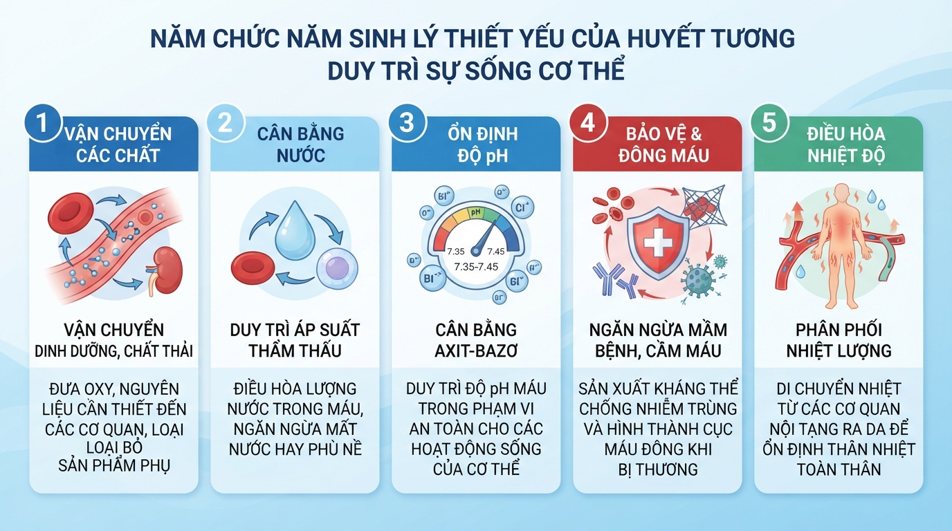Năm chức năng sinh lý thiết yếu của huyết tương giúp duy trì sự sống cơ thể.