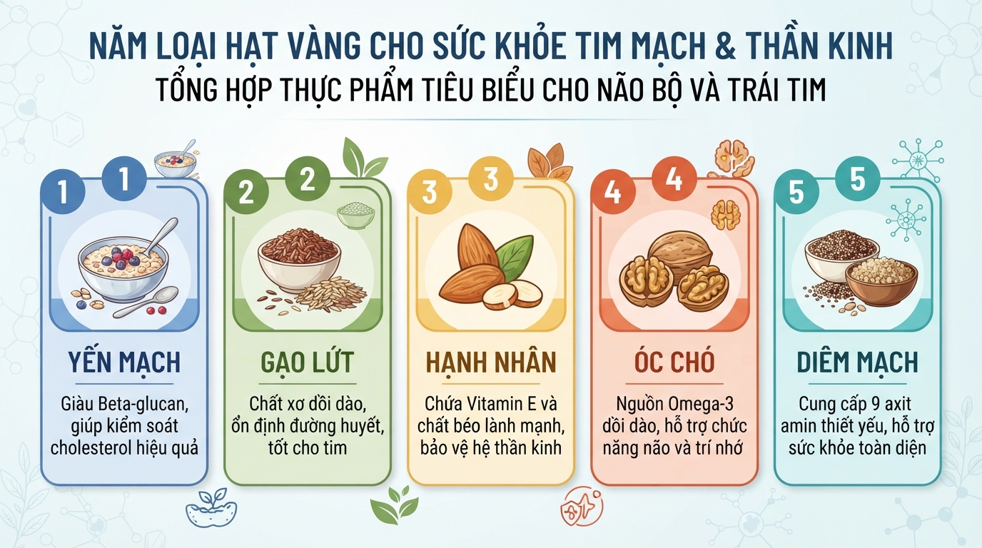 Năm loại hạt vàng cung cấp dưỡng chất thiết yếu cho sức khỏe tim mạch và hệ thần kinh.