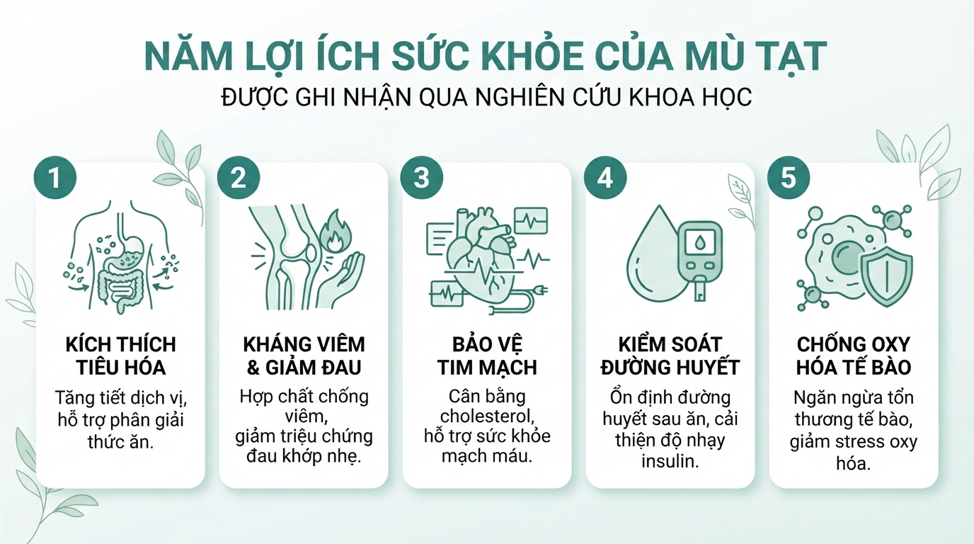 Năm lợi ích sức khỏe của mù tạt được ghi nhận thông qua các nghiên cứu khoa học.