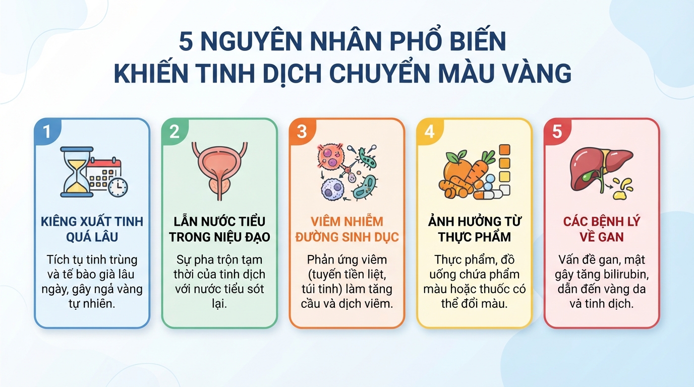 Năm nhóm nguyên nhân phổ biến khiến tinh dịch biến đổi từ màu trắng sang sắc vàng thường gặp.