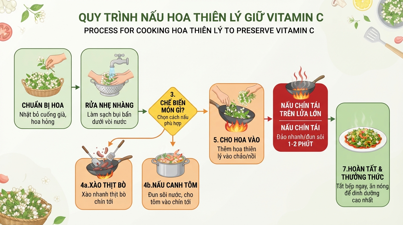 Nấu chín nhanh hoa thiên lý trên lửa lớn để giữ tối đa vitamin C.