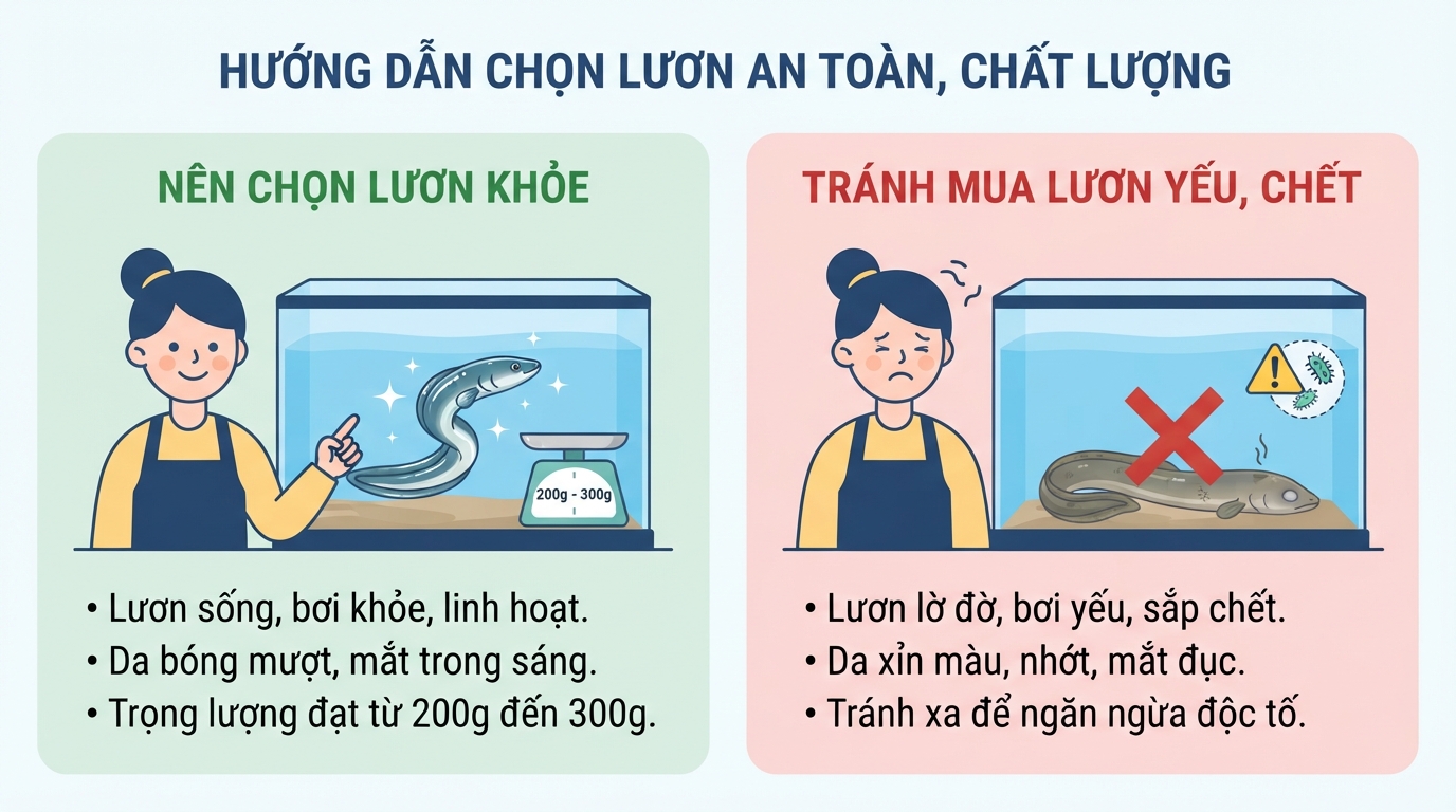 Nên ưu tiên chọn lươn bơi khỏe nặng từ hai trăm đến ba trăm gam.