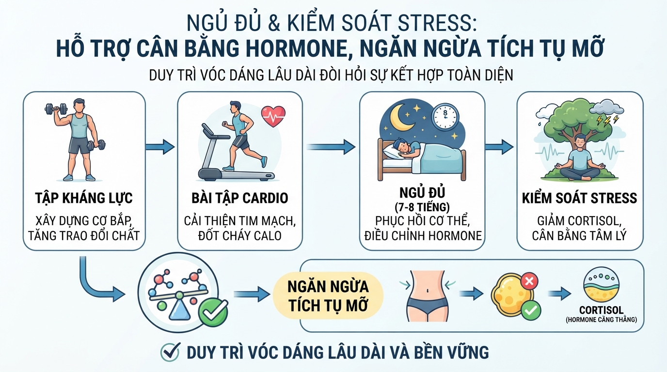 Ngủ đủ giấc và kiểm soát stress hỗ trợ cân bằng hormone, ngăn ngừa tích tụ mỡ.