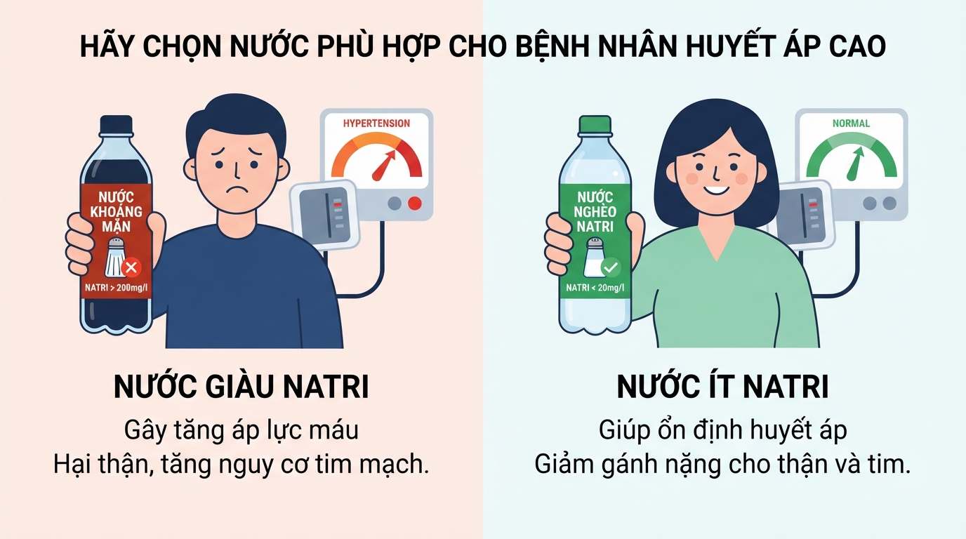 Người cao huyết áp nên tránh uống loại nước có nồng độ Natri quá cao.