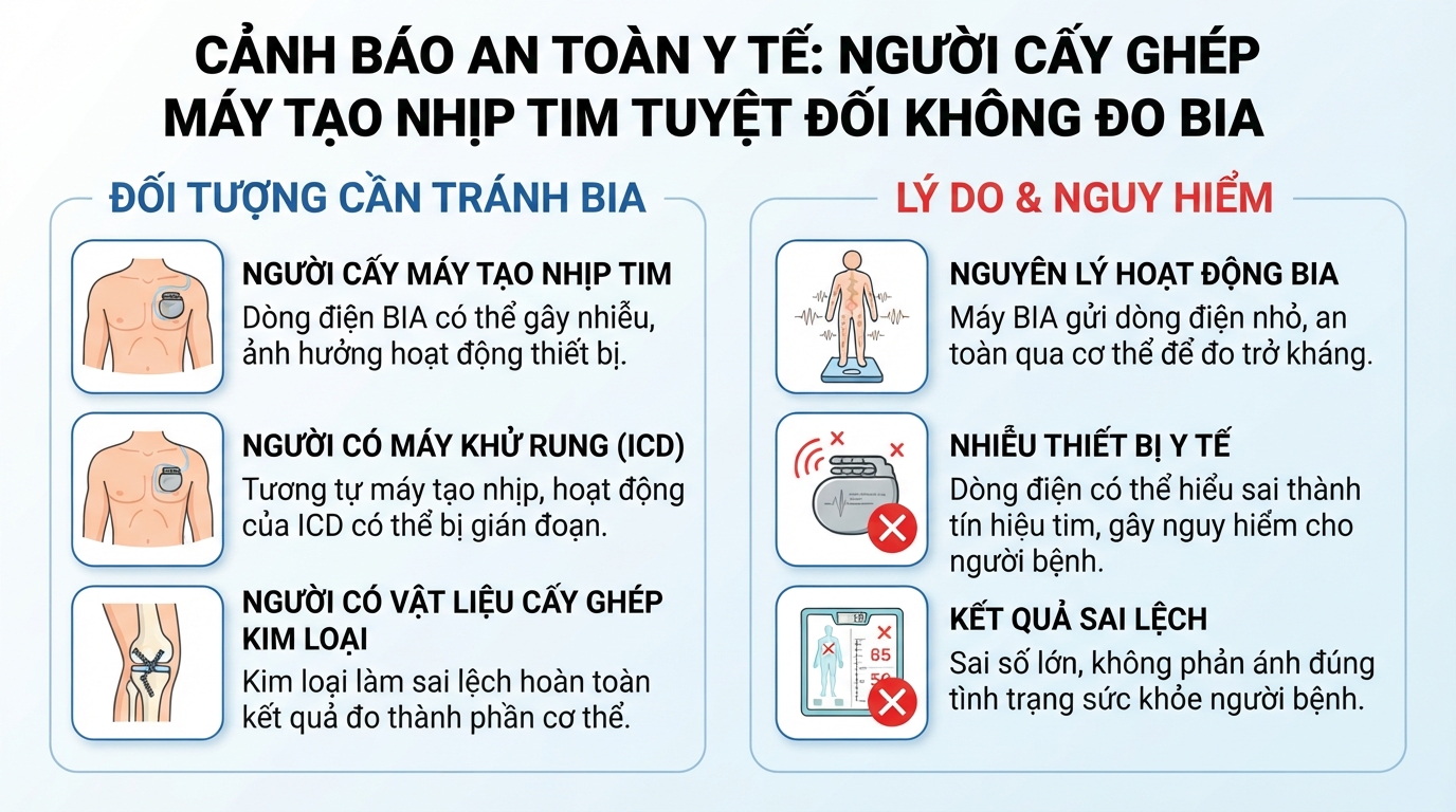 Người cấy ghép máy tạo nhịp tim tuyệt đối không thực hiện đo trở kháng điện sinh học.