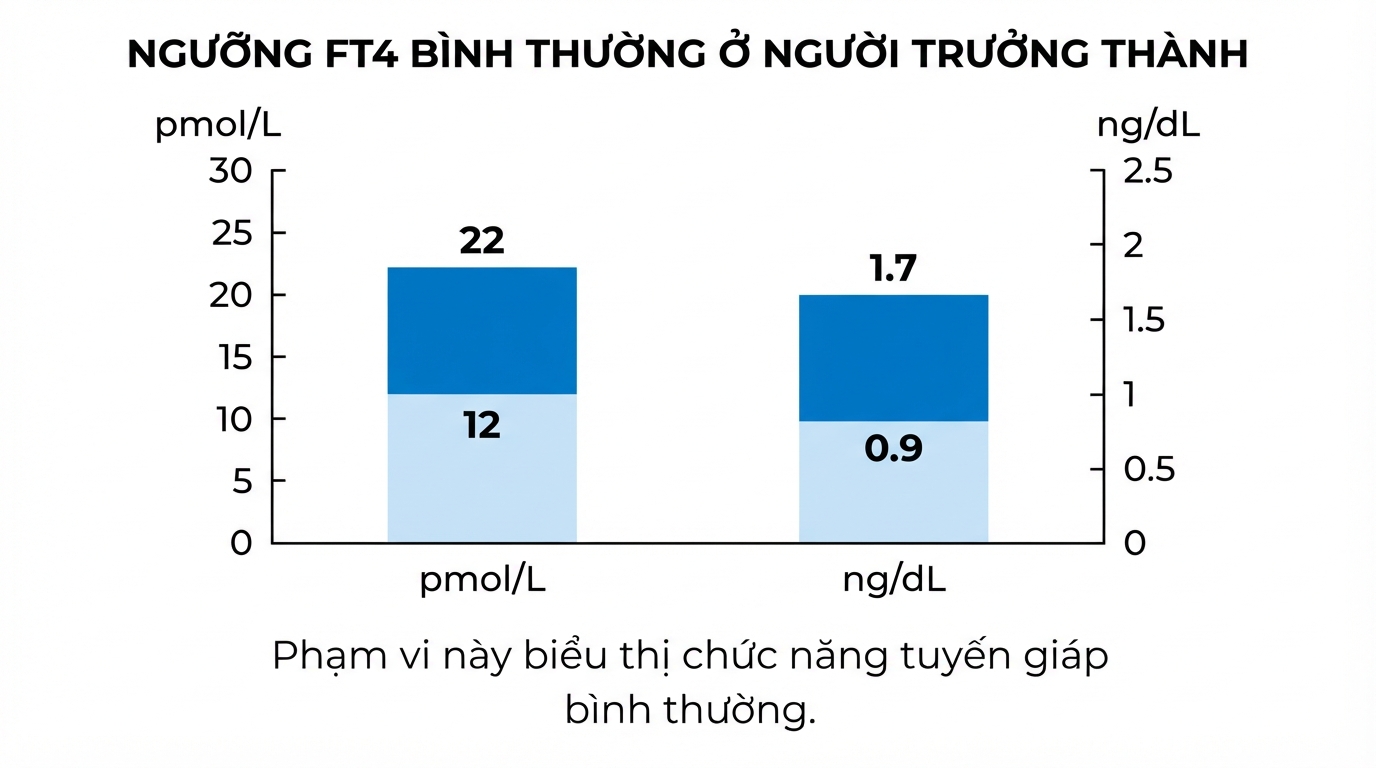 Ngưỡng nồng độ FT4 bình thường ở người trưởng thành theo hai đơn vị đo lường.