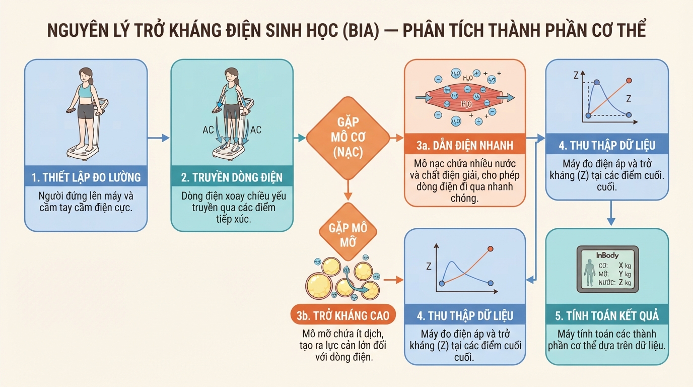 Nguyên lý trở kháng điện sinh học đo lường độ dẫn điện của mô để phân tích chỉ số inbody.