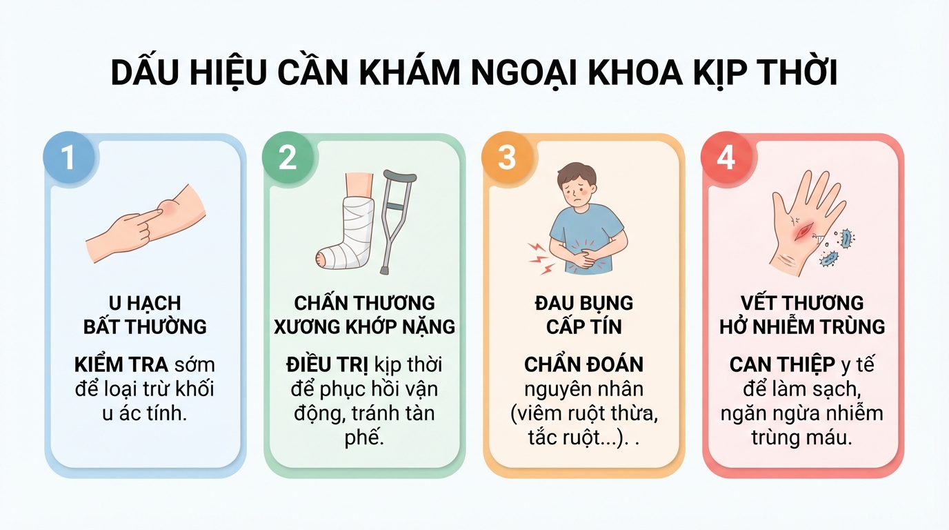 Nhận biết sớm dấu hiệu cần khám ngoại khoa giúp ngăn ngừa biến chứng nguy hiểm.