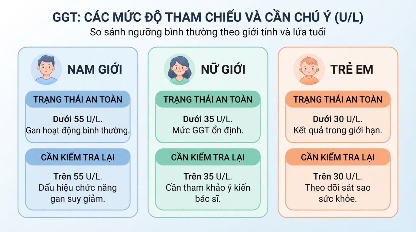 Nhận diện chỉ số ggt bao nhiêu là nguy hiểm thông qua bảng so sánh ngưỡng bình thường theo giới tính.