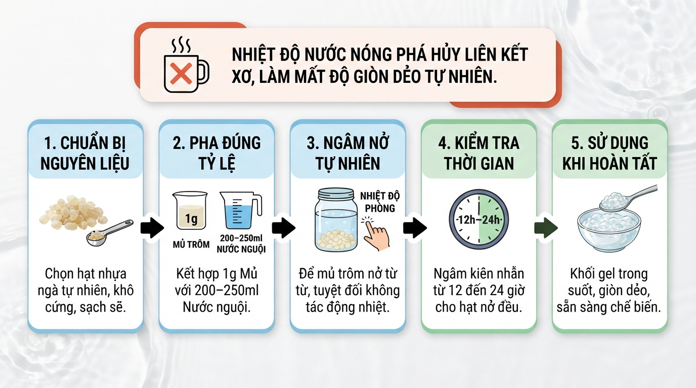 Nhiệt độ nước nóng sẽ phá hủy hoàn toàn liên kết xơ làm mất độ giòn dẻo tự nhiên.