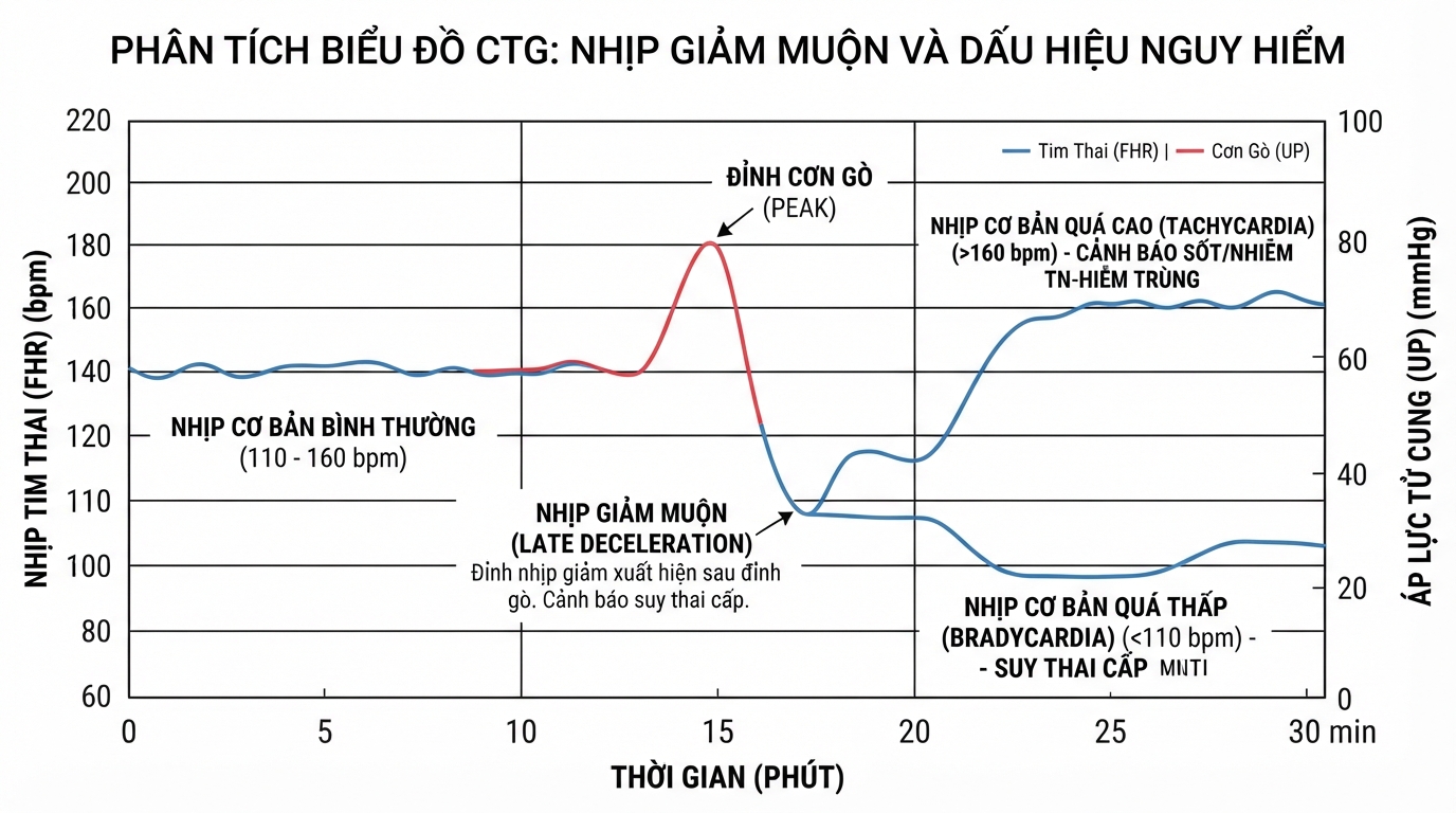 Nhịp giảm muộn trên biểu đồ là tín hiệu cảnh báo lưu lượng máu từ bánh nhau bị suy giảm.