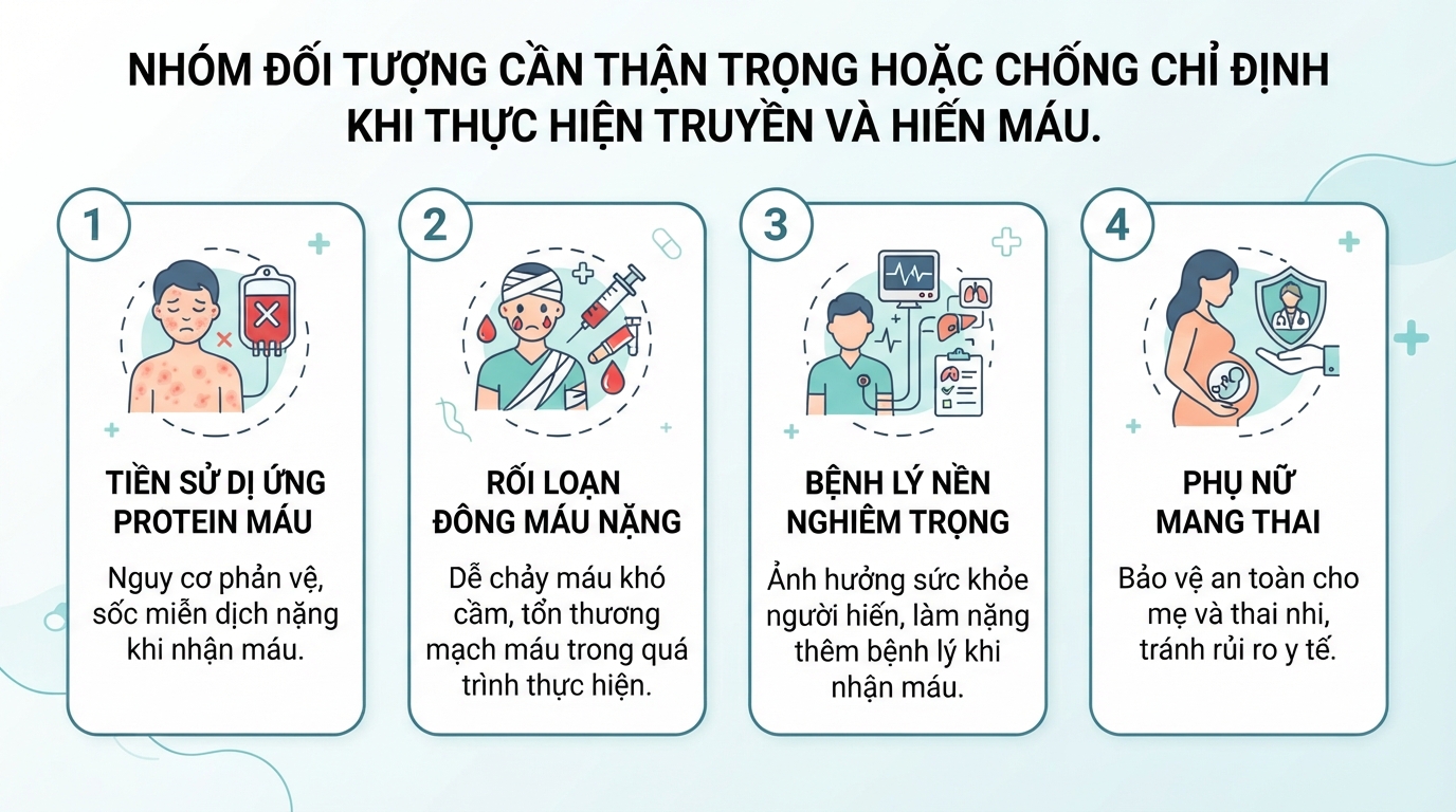 Nhóm đối tượng cần thận trọng hoặc chống chỉ định khi thực hiện truyền và hiến.