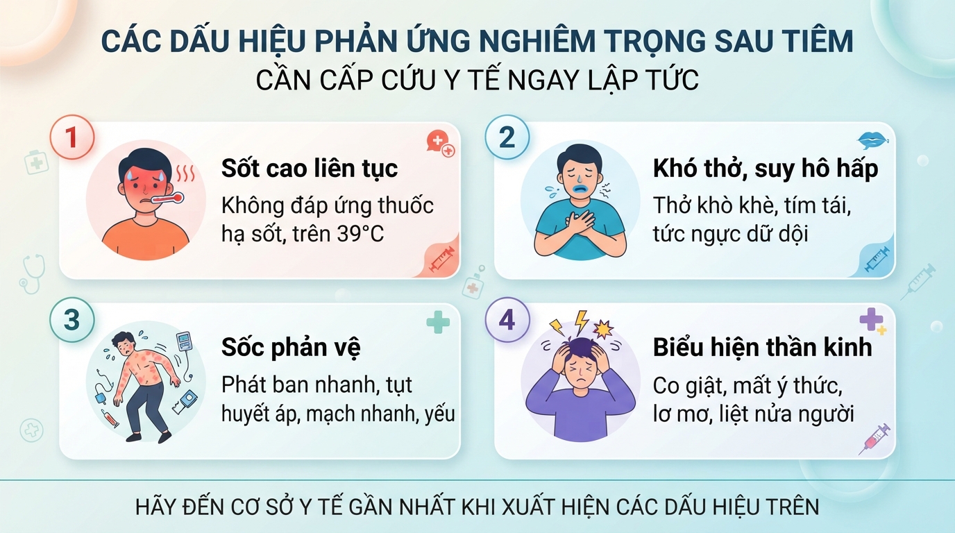 Những dấu hiệu phản ứng nghiêm trọng sau tiêm cần được cấp cứu y tế ngay lập tức để an toàn.
