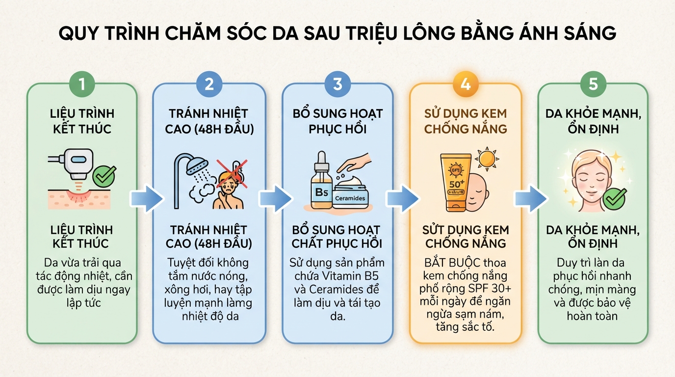 Những nguyên tắc phục hồi da cần tuân thủ sau liệu trình triệt ánh sáng.