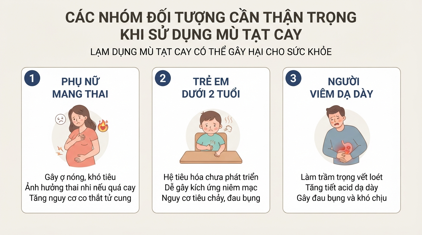 Những nhóm đối tượng cần thận trọng và lưu ý y tế khi sử dụng mù tạt cay.