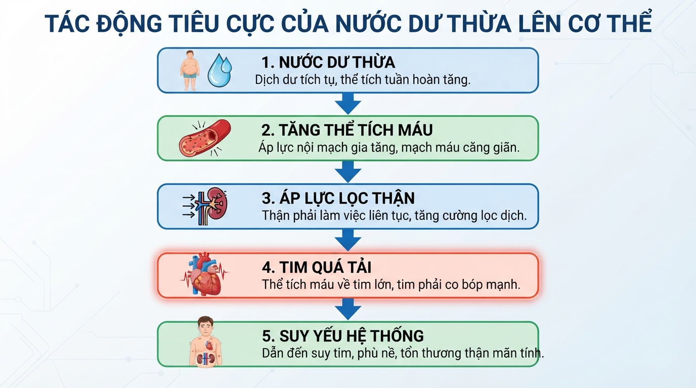 Nước dư thừa tăng thể tích tuần hoàn và gây áp lực lọc liên tục cho thận.