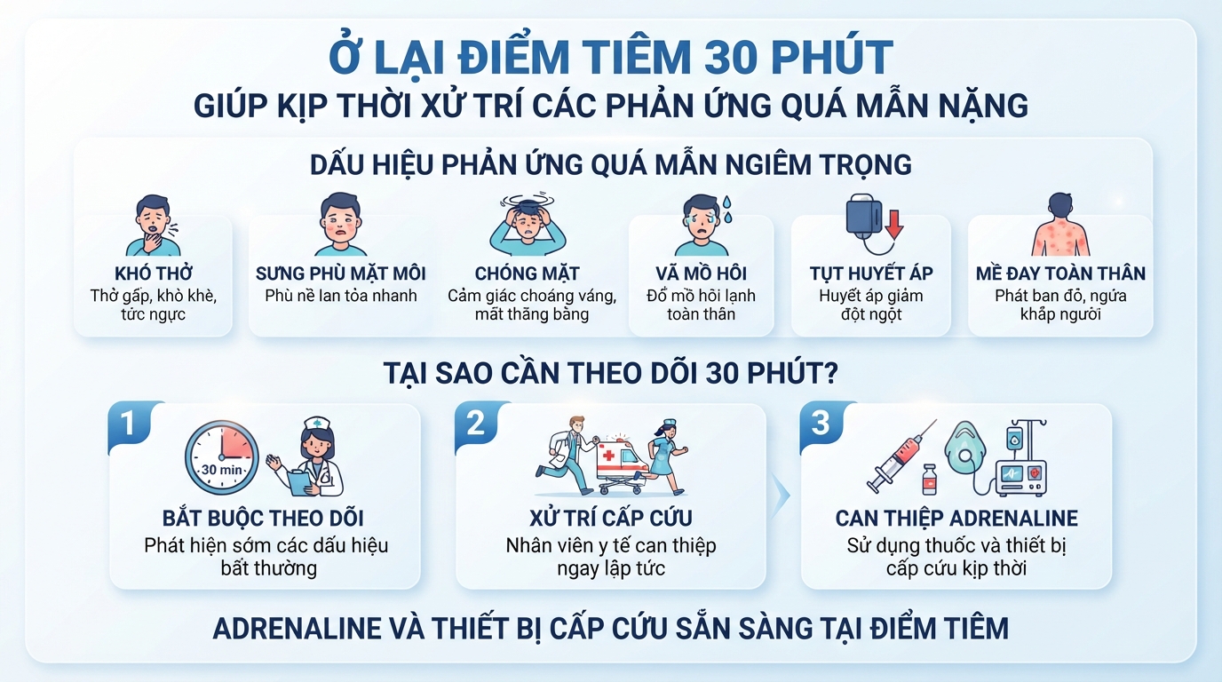 Ở lại điểm tiêm 30 phút giúp kịp thời xử trí các phản ứng quá mẫn nặng.