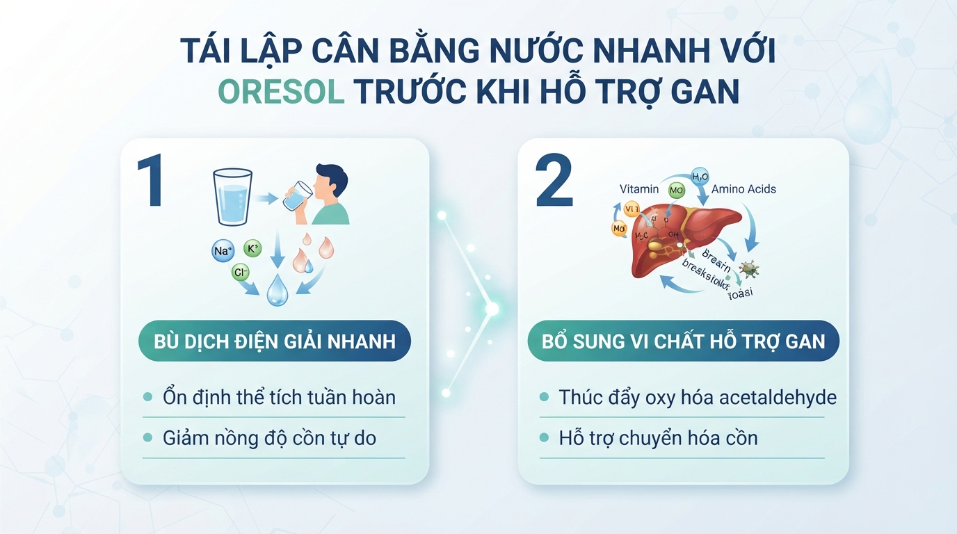 Oresol tái lập cân bằng nước nhanh trước khi bổ sung vi chất hỗ trợ gan.