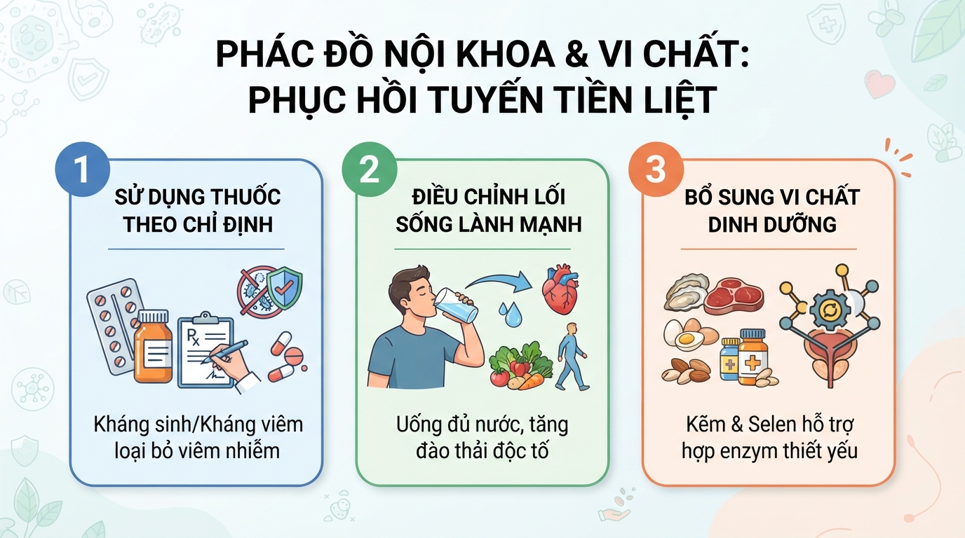 Phác đồ nội khoa và vi chất giúp phục hồi khả năng tiết enzym của tuyến tiền liệt.