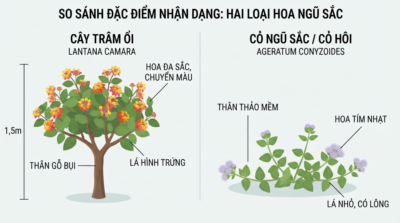 Phân biệt hình dáng hai loại hoa ngũ sắc thân bụi và cỏ thân thảo.