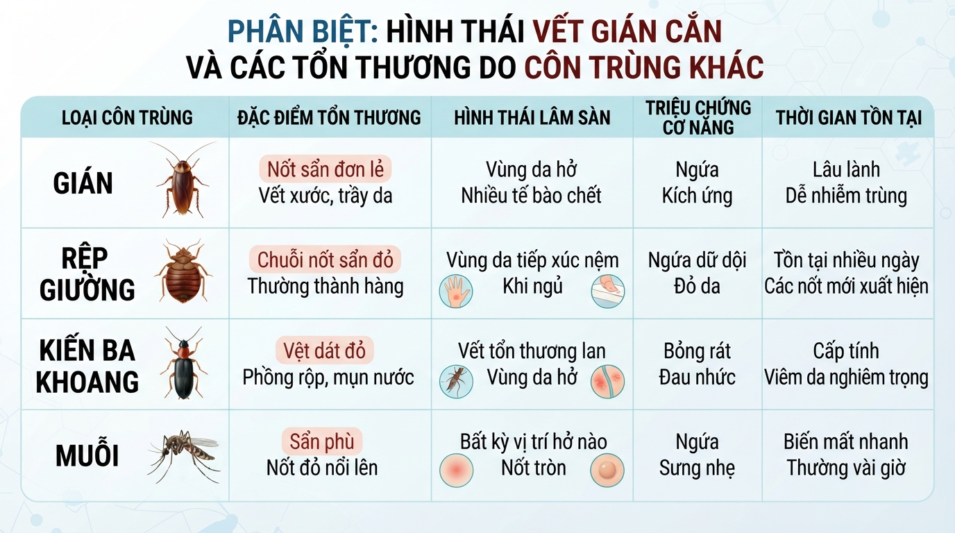 Phân biệt hình thái vết gián cắn với các loại tổn thương do côn trùng khác.