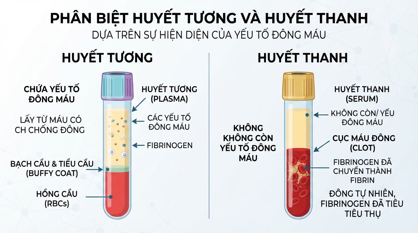 Phân biệt huyết tương và huyết thanh dựa trên sự hiện diện của các yếu tố đông máu.