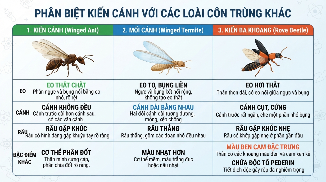 Phân biệt kiến cánh với các loài côn trùng khác dựa trên đặc điểm eo và cánh.