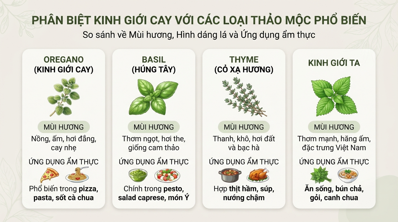 Phân biệt mùi hương và công dụng giữa kinh giới cay với các loại thảo mộc phổ biến.