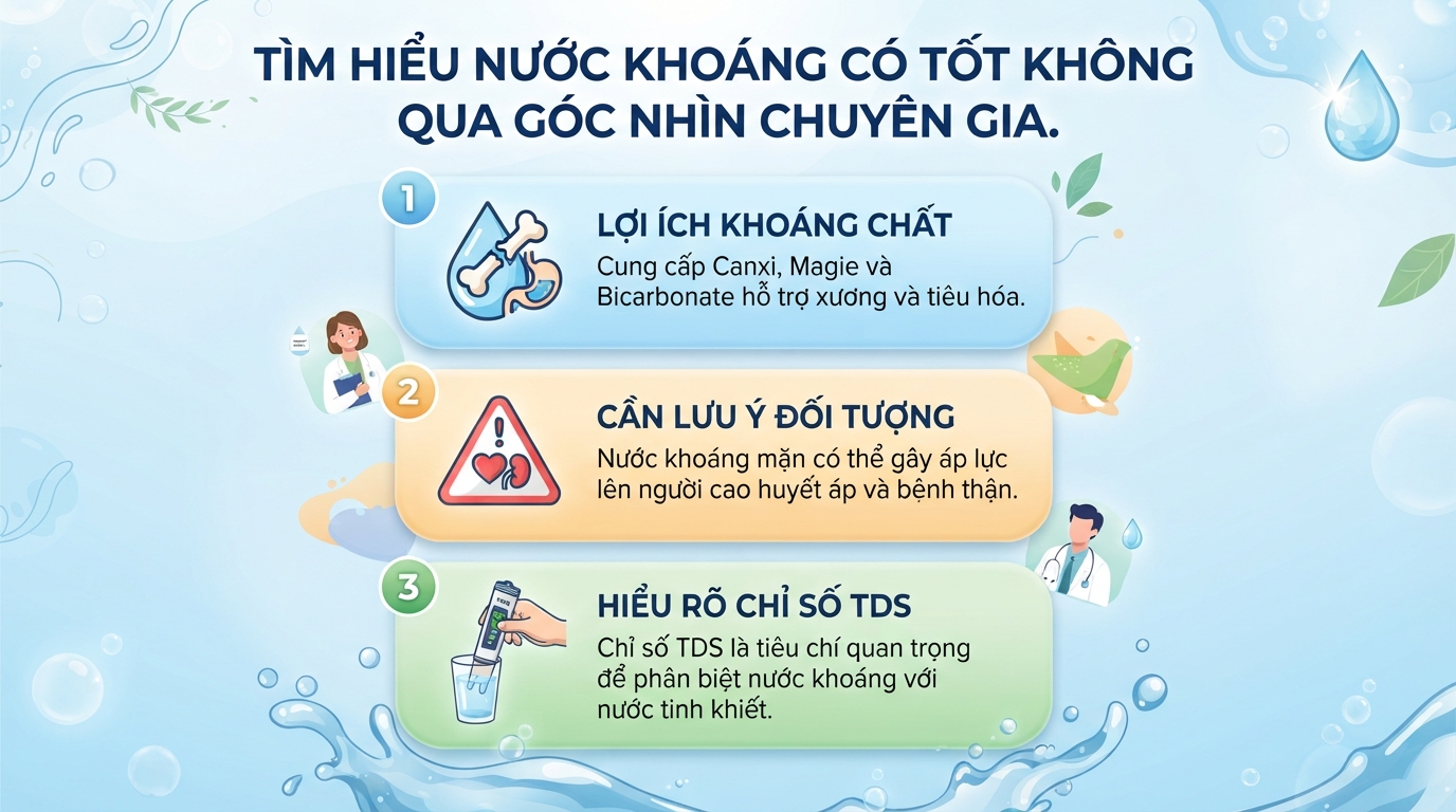 Uống nước khoáng có tốt không? Lợi ích và lưu ý khi sử dụng