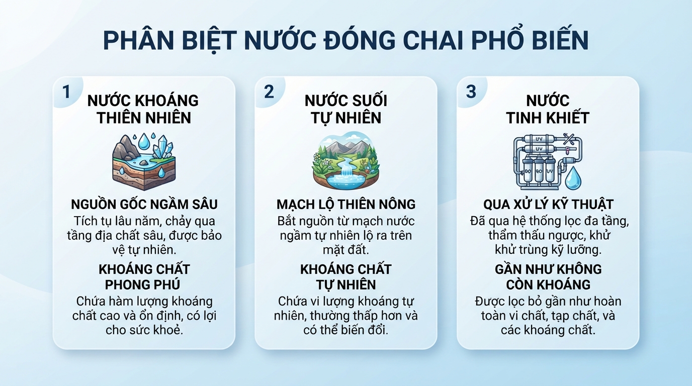 Phân biệt nguồn gốc và khoáng chất của nước suối, nước tinh khiết với nước khoáng.