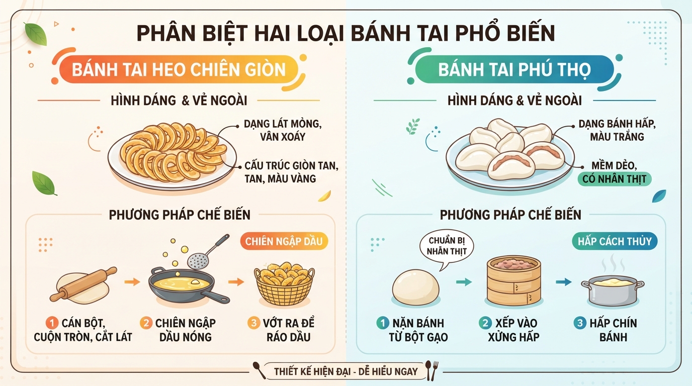 Phân biệt sự khác biệt về hình dáng và cách chế biến của hai loại bánh tai.