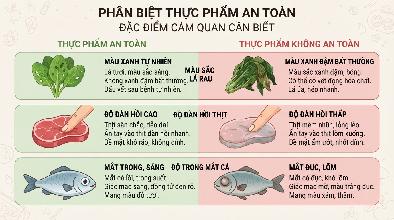 Phân biệt thực phẩm an toàn qua màu sắc tự nhiên, độ đàn hồi và dấu vết canh tác thực tế.