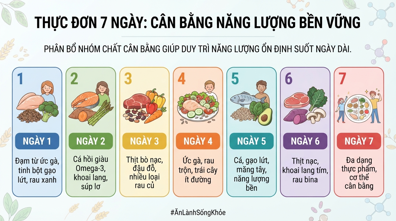 Phân bổ nhóm chất cân bằng giúp duy trì năng lượng ổn định suốt ngày dài.