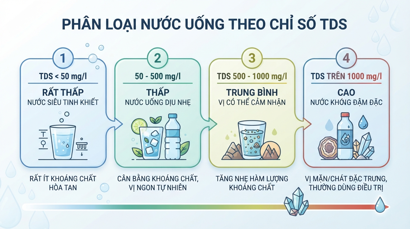 Phân loại nước uống theo thang chỉ số TDS từ thấp đến cao.