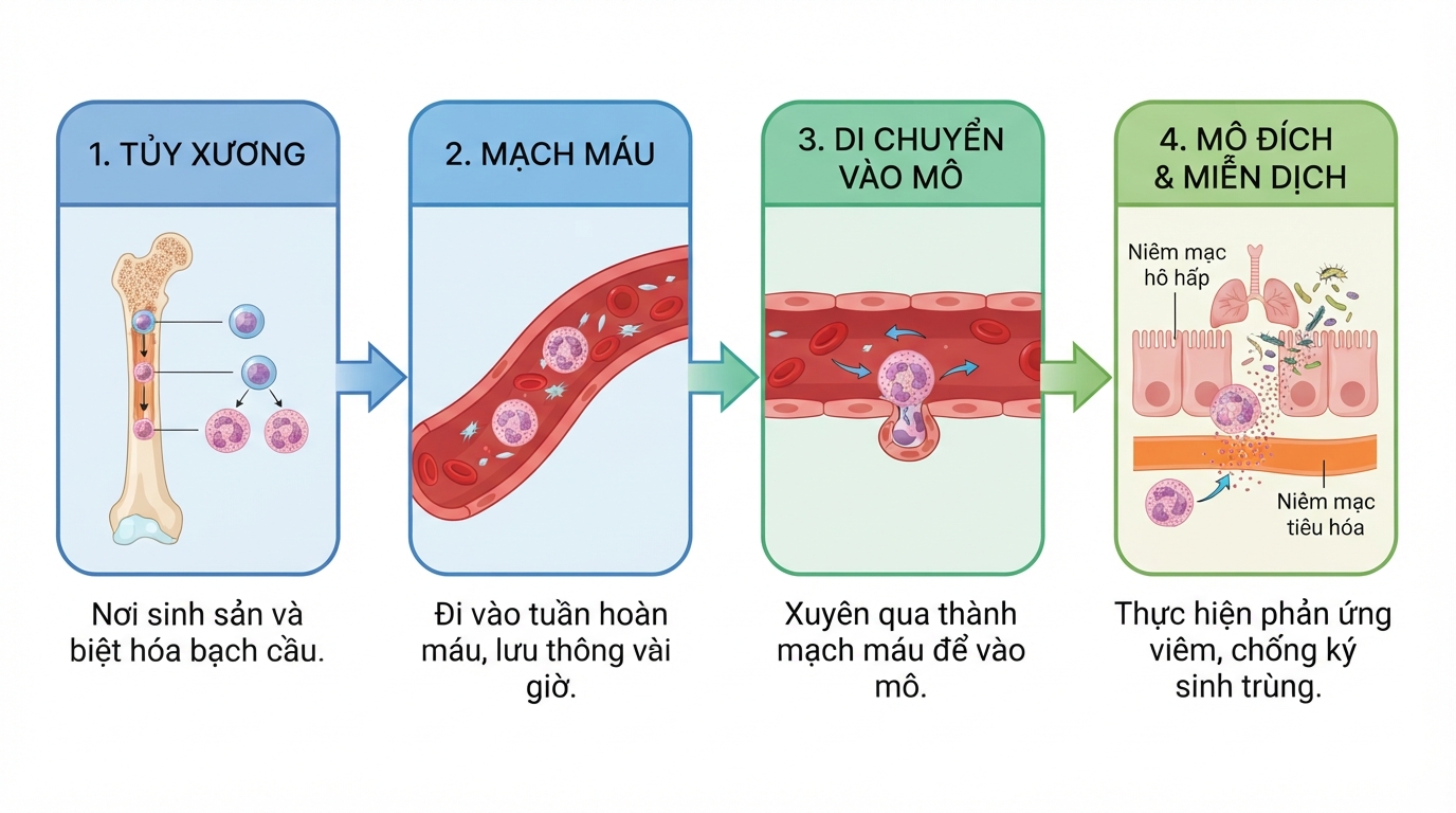 Quá trình hình thành và di chuyển của tế bào eos từ tủy xương đến mô đích.
