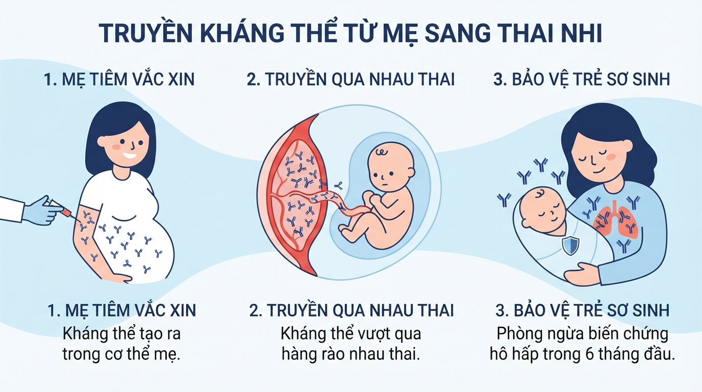 Quá trình truyền kháng thể từ mẹ sang thai nhi giúp trẻ sơ sinh phòng ngừa biến chứng hô hấp.